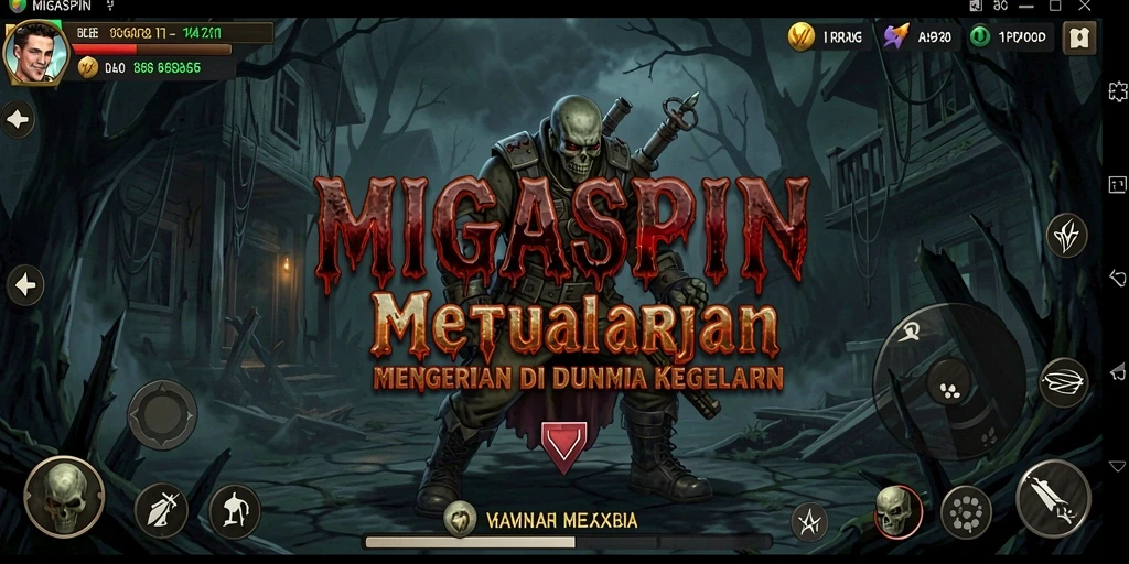Screenshot utama MIGASPIN dengan suasana kegelapan dan ketegangan.