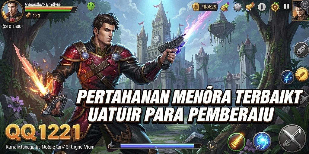 Screenshot dari gameplay QQ1221, menunjukkan menara pertahanan dan gelombang musuh.